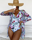 Mojoyce 2Pack Floral Print One-Piece Bikini Sets Women Deep V-Neck Backless Swimsuit &Kimono 2022New Summer Beach Swimwear Bathing Suits