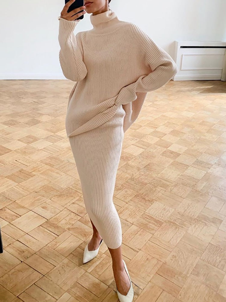 Mojoyce Tossy Knitted  2 Piece Outfit Set Casual Long Sleeve Sweater Top And Pencil Long Skirts Elegant Autumn Two Piece Sweater Sets