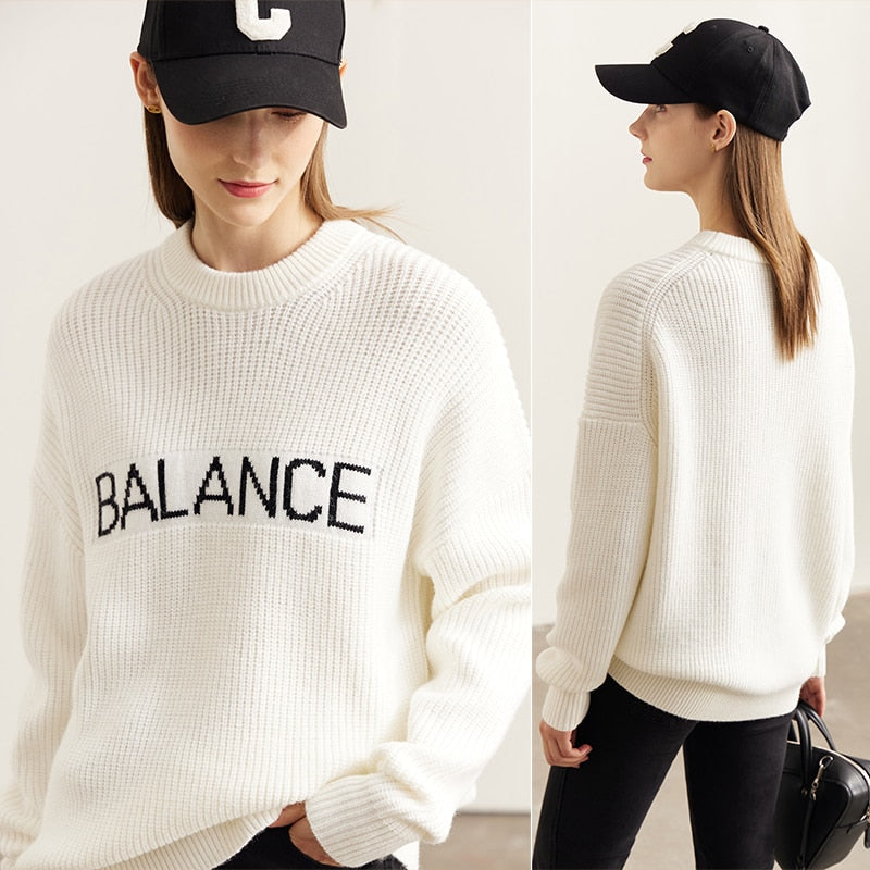 Christmas Gift Mojoyce Sweaters Women 2022 Autumn Warm New Letter Jacquard Design O-Neck Loose Casual Knitted Pullover Tops