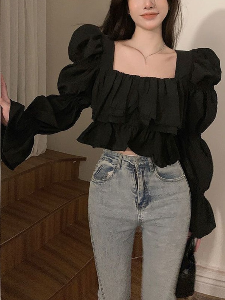 Mojoyce 2023 Elegant Pure Color Blouse Women Sweet Party Y2k Crop Top Office Lady Casual Long Sleeve T-shirt Fall Blouse