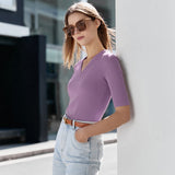 Christmas Gift Mojoyce T-Shirt For Women 2022 Summer Knitted Tops V-Neck Half Sleeves Elegant Slim Tees Fashion Female Clothes