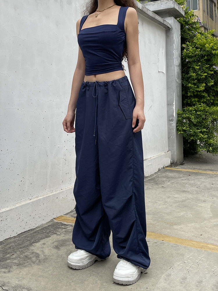 Mojoyce   Streetwear Drawstring Low Waist Casual Blue Women's Pants Harajuku Baggy Trousers Hip Hop Wide Leg Capris Summer Chic