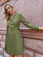 Mojoyce Elegant v-neck A-line pleated midi dress women green Office long sleeve belt blazer dresses Casual female vestidos 2022