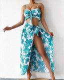 Mojoyce Floral Print High Waist Bikini Set Knot Front  Swimsuit For Women Three Pieces Swimwear & Beach Skirt 2022 Beach Bathing Suits