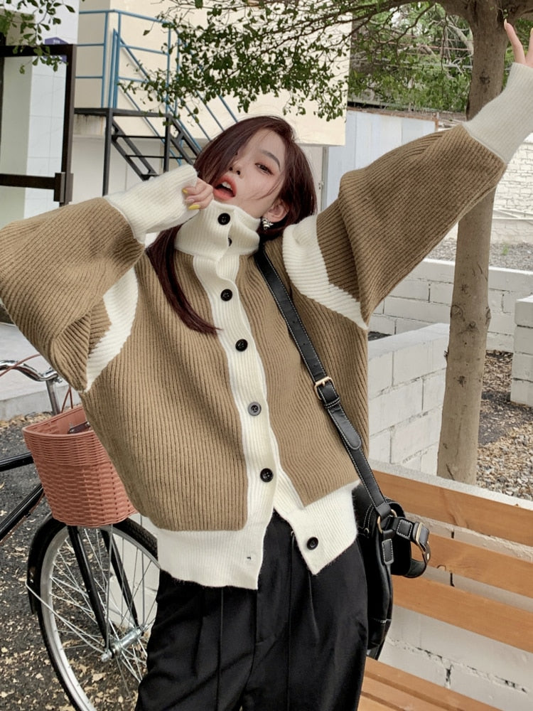 Mojoyce Korean Thick Sweater Jacket Women 2022 Winter Turtleneck Spliced Loose Cardigan Coat Female Hollow Out Fashion Casual Warm Tops