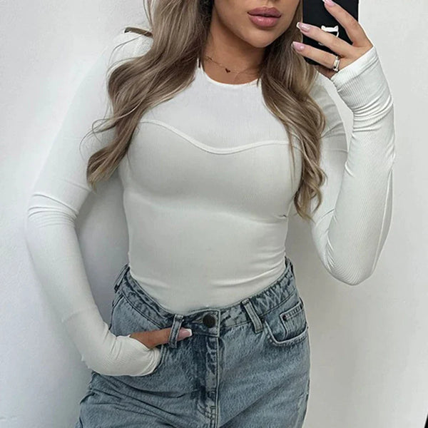 Mojoyce Casual Basic Ribbed Crop Top Spring Outfits Solid Long Sleeve