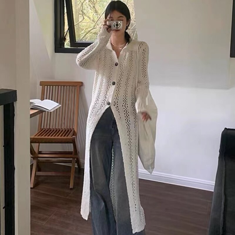 Mojoyce Summer Womens Sweaters 2023 Oversize Vintage Cardigan Thin Sweater Knitted Cardigan Knit Button Loose Maxi Tops