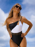 Mojoyce One Shoulder Cut Out One-Piece Swimsuit For Women Solid Black And White Patchwork Sexy  Swimwear 2022 Bathing Suits Beachwear