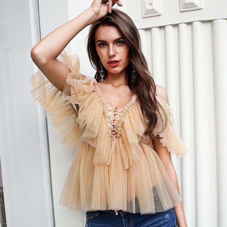 Mojoyce V-neck mesh lace up sexy blouse summer women Strap boho ruffle cold shouler elegant tops Tulle see through casual shirt