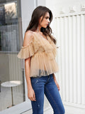 Mojoyce V-neck mesh lace up sexy blouse summer women Strap boho ruffle cold shouler elegant tops Tulle see through casual shirt