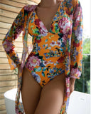 Mojoyce 2Pack Floral Print One-Piece Bikini Sets Women Deep V-Neck Backless Swimsuit &Kimono 2022New Summer Beach Swimwear Bathing Suits