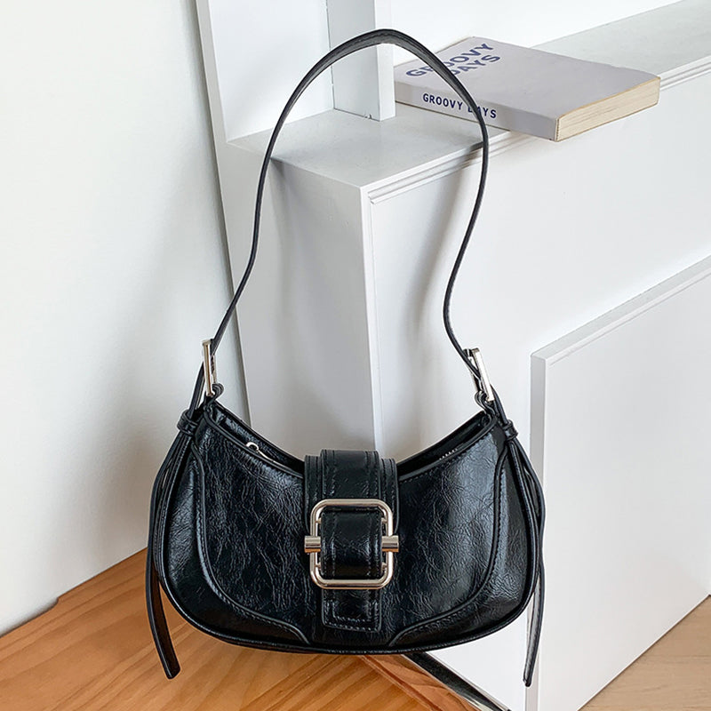 MOJOYCE-Buckled Strap Pu Leather Shoulder Bag