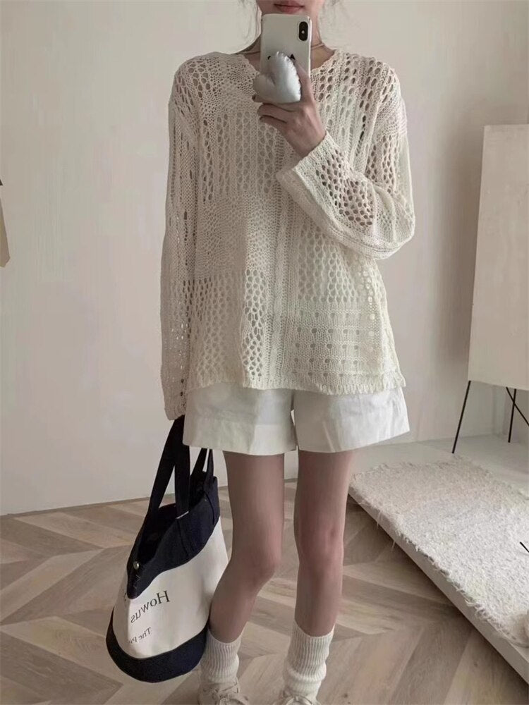 Mojoyce Sweater Women Spring Pullover Girls Sweater Oversize Knitted Summer Tops Vintage Long Sleeve Fall Female Outerwear Knitting Thin