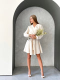 Mojoyce Casual V Neck Sashes Beige A Line Dress Fashion Lantern Sleeve High Waist Loose Comfort Office Lady Dresses 2022 New