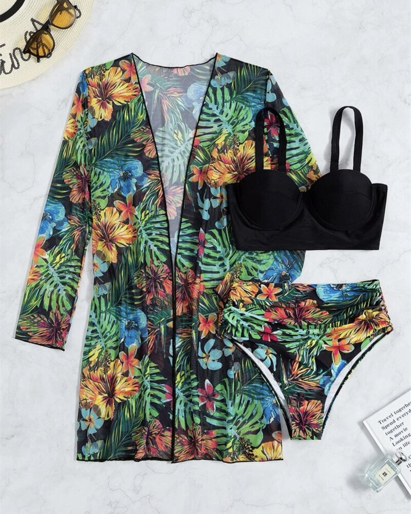 Mojoyce Tropical Print High Waist Bikini Sets Push Up Swimsuit For Women Sexy Three-Pieces Swimwear &Kimono 2022 New Beach Bathing Suits