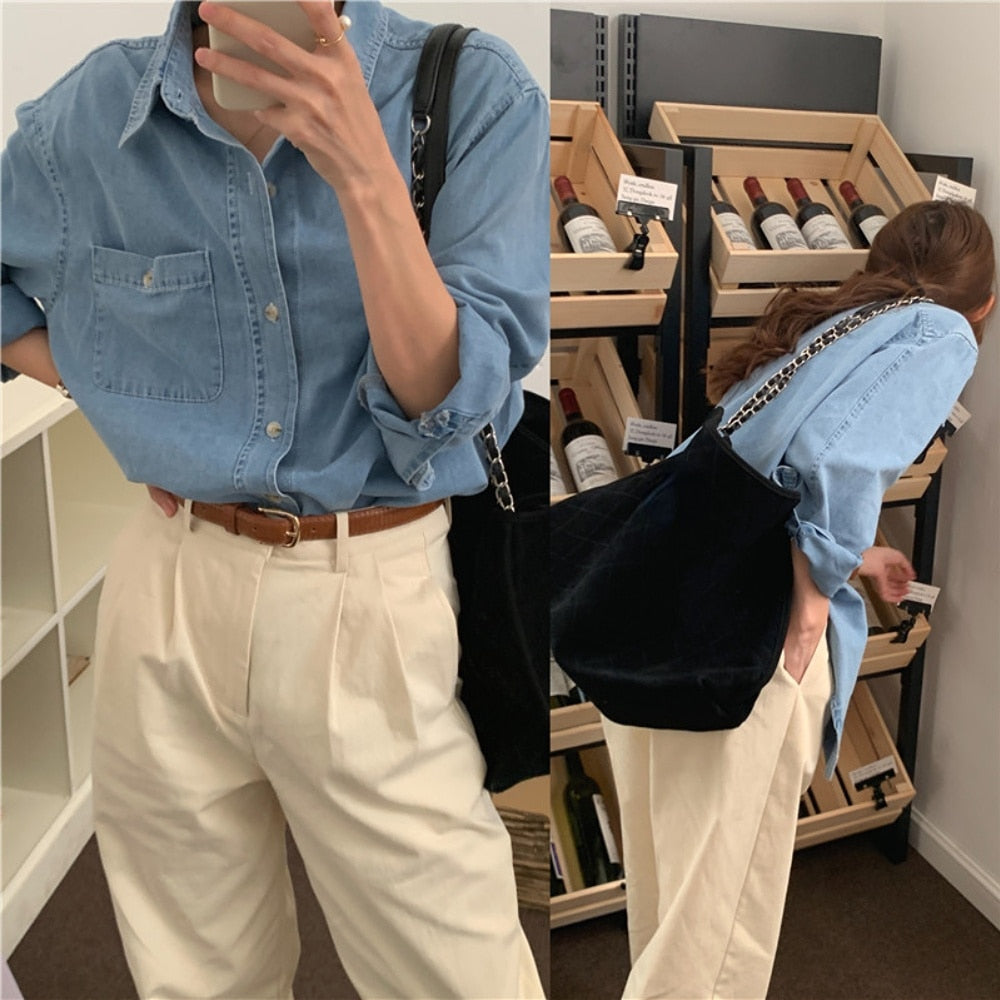 Mojoyce Women Blouse Female Shirt Womens Blouses Spring Maxi Blusas Casual Cowboy Vintage Long Sleeve Denim Oversize Loose Blue