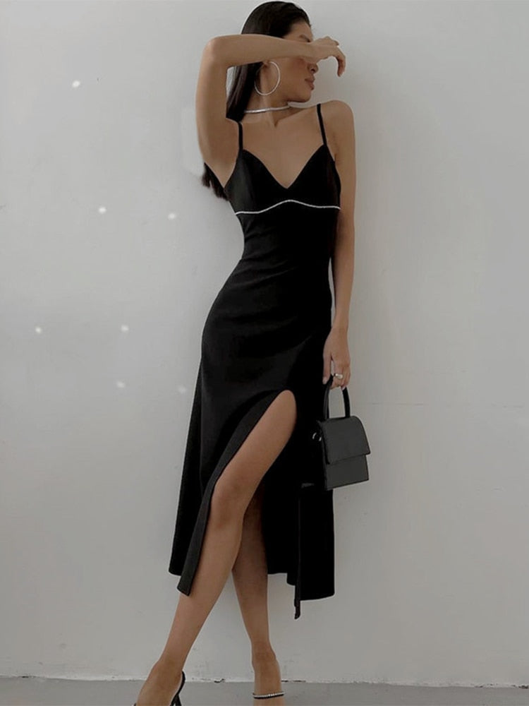 Mojoyce Jacqueline Summer Low-Cut Diamonds Backless Dress Women Mini Bodycon 2023 Straps Backless Elegant Club Party Dresses Black