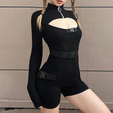 Mojoyce Hollow Out School Bag Button Jumpsuit Fashion Women Long Sleeve Zipper Stand Collar Rompers Punk Rave Clubwear Outfit