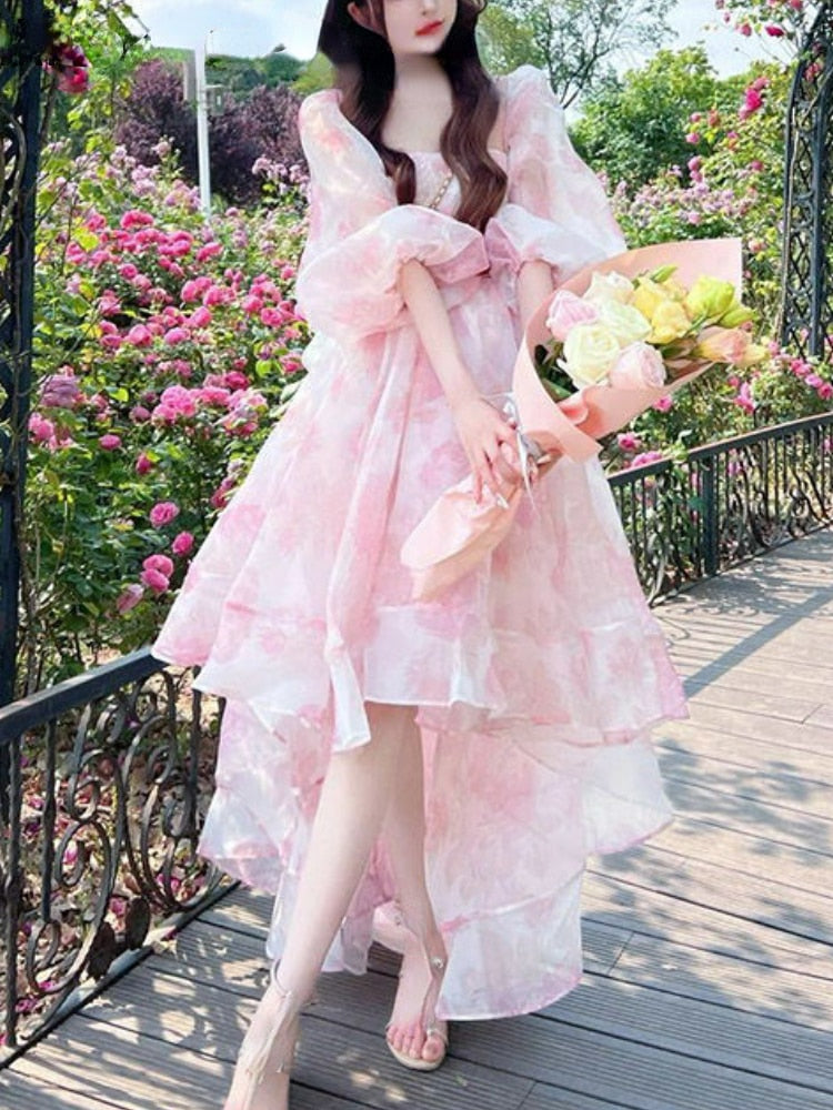 Mojoyce Vintage Floral Sweet Midi Dress Casual Irregular Puff Sleeve Fairy Dress Korean Fahsion 2023 Homecoming Dress