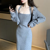 Mojoyce Tow Piece Set Women Autumn 2022 Korean Slim Knitted Cardigan Coat+Sexy Bodycon Strap Dress Office Lady Sashes Casual Sweater Set
