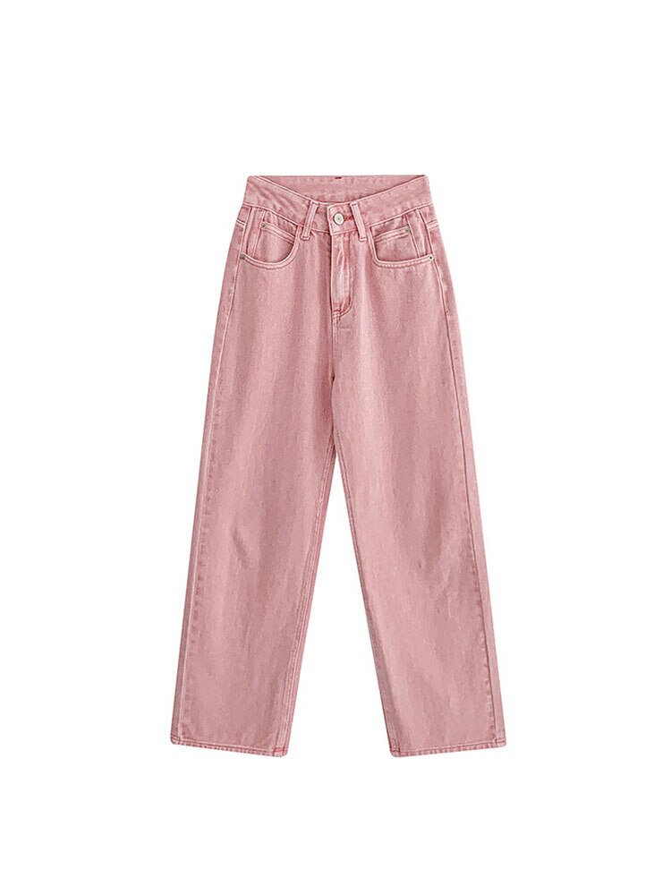 Mojoyce Straight Leg Trousers High Waist Y2k Women's Jeans Pockets Baggy Casual 90S Streetwear Fashion Female Pink Wide Leg Denim Pants