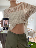 Mojoyce Heyoungirl White Crochet Knit Tops Women Hollow Out Fashion Casual Wide Smock Tee Long Sleeve Pullover Tee Shirt Aesthetic
