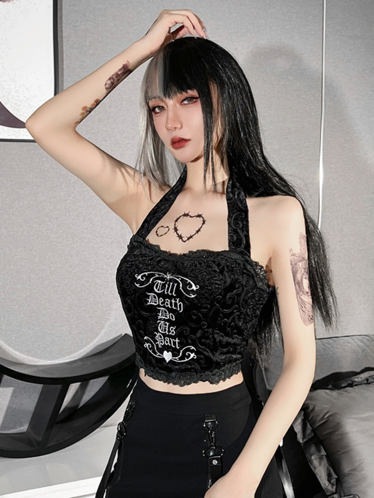 Mojoyce Sexy Women Tops Gothic Halter Tees Black Harajuku Bodycon Bandage Lace Patchwork Y2k Cropped Top Grunge Goth Streetwear