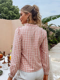 Mojoyce Holiday plaid summer blouse shirt light pink  Idyllic style ruffle female shirts  Stand collar long sleeve women's tops