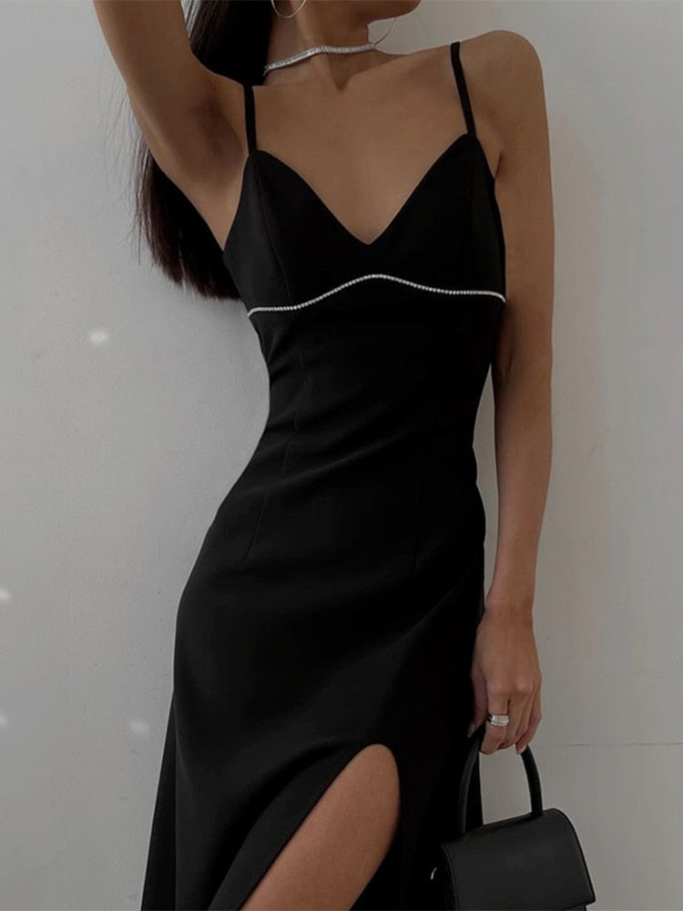 Mojoyce Jacqueline Summer Low-Cut Diamonds Backless Dress Women Mini Bodycon 2023 Straps Backless Elegant Club Party Dresses Black