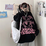 Mojoyce Gothic Streetwear Anime Print Knitted Sweater Women Punk Hip Hop O-Neck Oversize Long Sleeve Y2K Streetwear Kawaii Top
