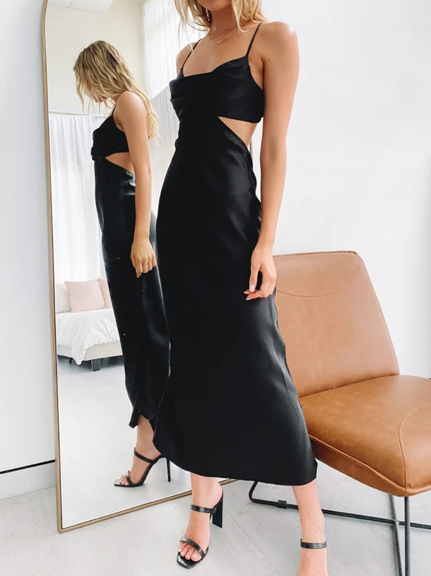 Mojoyce Satin Dress for Women Sexy Slip Dresses Summer Hollow Out Sleeveles Backless Elegant Fashion Female Sundresses Casual