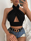 Mojoyce Women Summer Tank Tops Sexy Solid Color Cross Halter Neck Push Up Hollow Crop Tops 2022 New Fashion