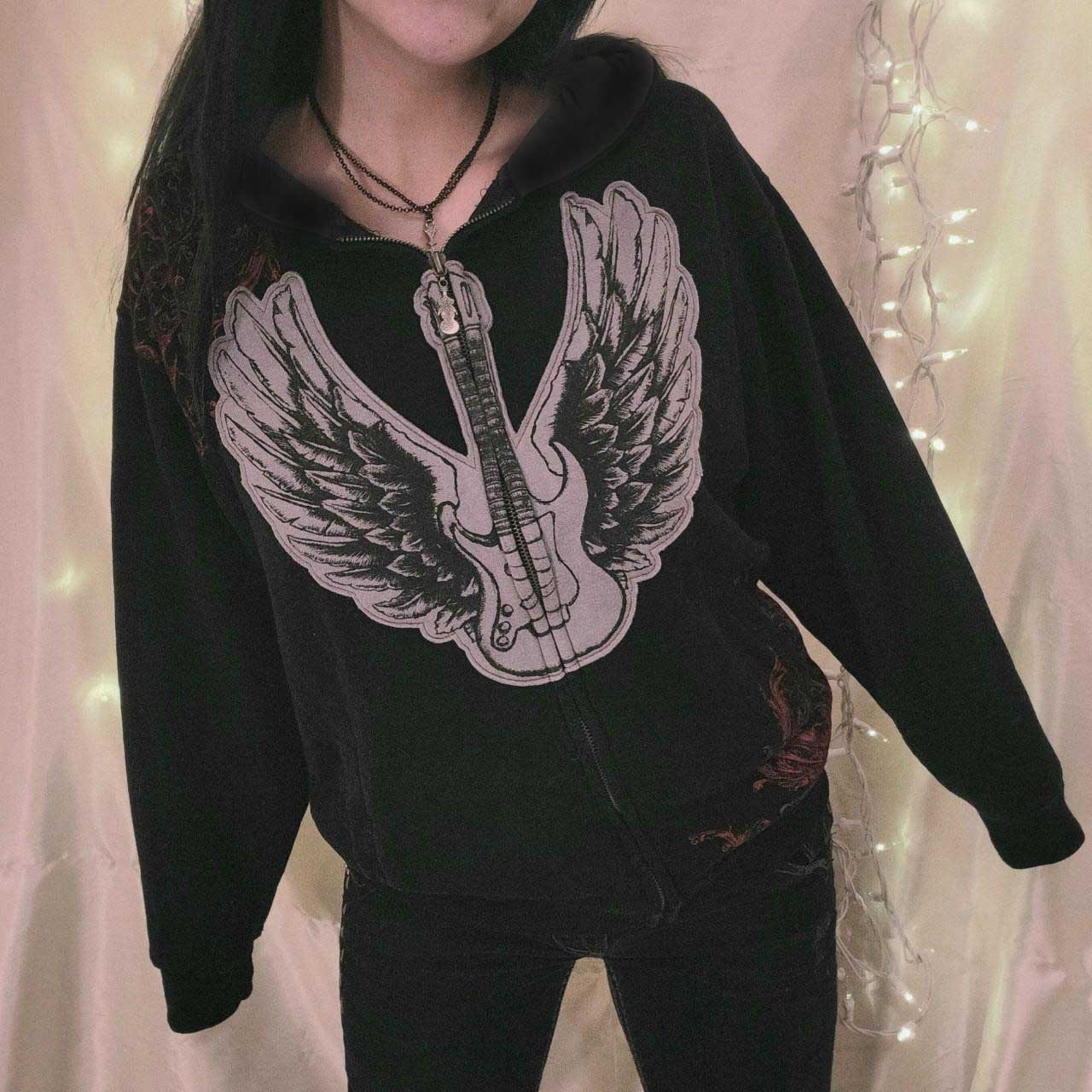 Mojoyce Women Y2K Punk Hoodies Goth Wings Print Zipped Hooded Sweatshirts Grunge Long Sleeve Loose Coat for Spring Autumn Fall Outfits 2023