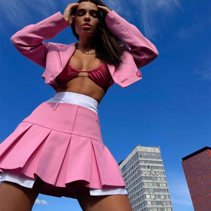 Mojoyce Cropped Blazer And Mini Skirt Sets For Women Jacket Autumn Two Piece Matching Sets Outfits Women's Blazer Suit 2022 New