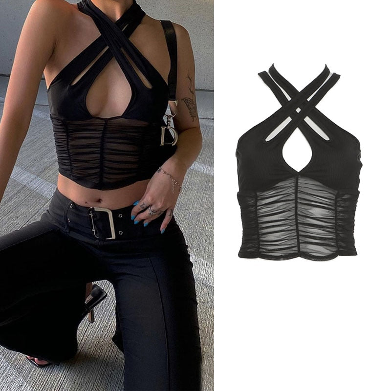 Mojoyce 2022 Straps Solid Crop Top Tshirt Summer Sexy Hollow Out Vest Women Streetwear Y2K Party Club Camis Female ASVE83208