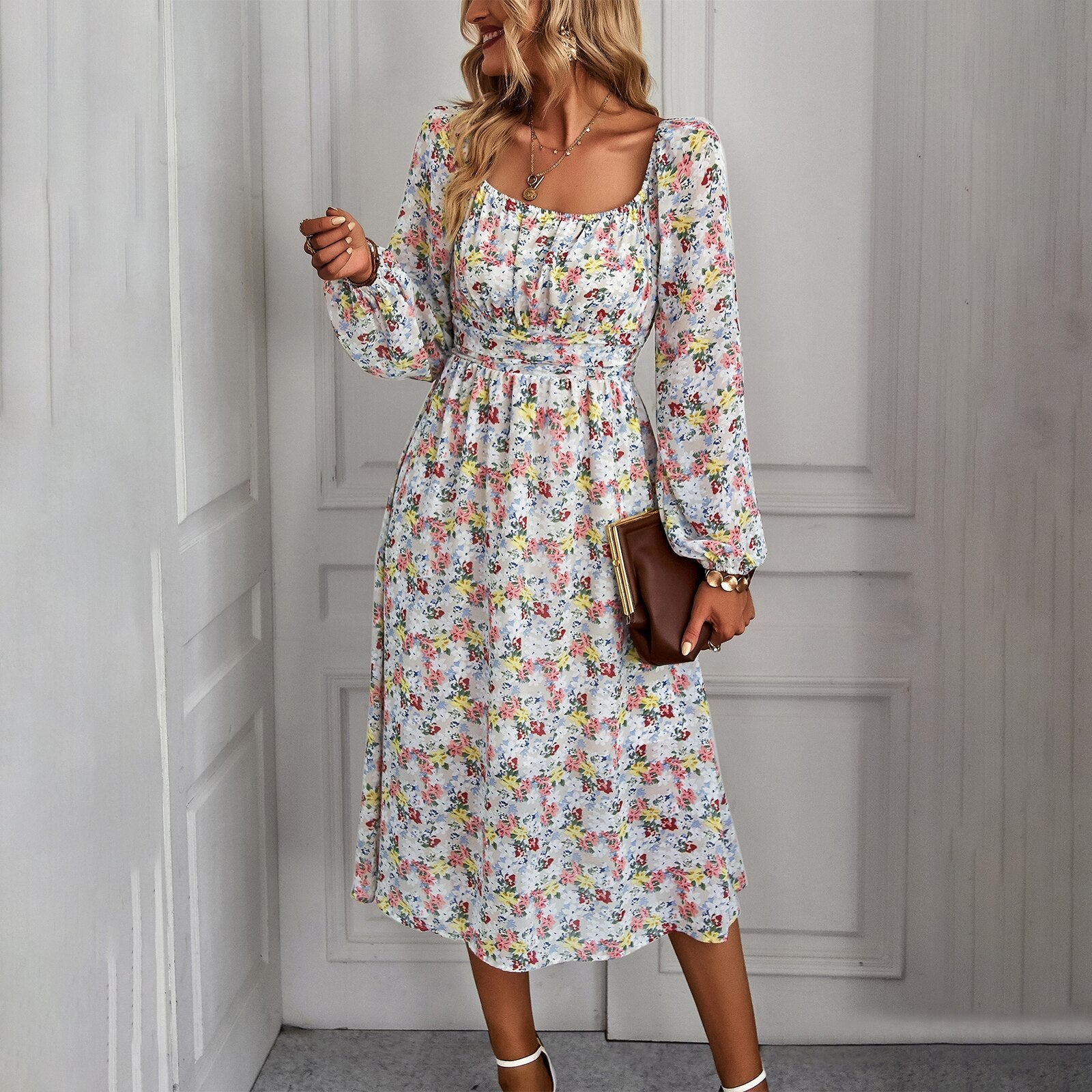 Mojoyce New Women Spring Summer Square Neck Long Sleeve Floral High Waist Dress For Ladies Fashion All Match Chic Dresses
