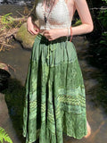 Mojoyce Vintage Green Grunge Fairycore Pleated Long Skirt Female Fashion Graphic Printed High Waist Skirt Drawstring Harajuku