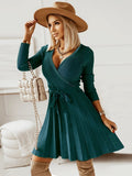 Mojoyce Women Autumn Winter New Sweater Dress For Ladies Sexy V Neck Long Sleeve Solid Color Pleated Knitted A Line Dresses