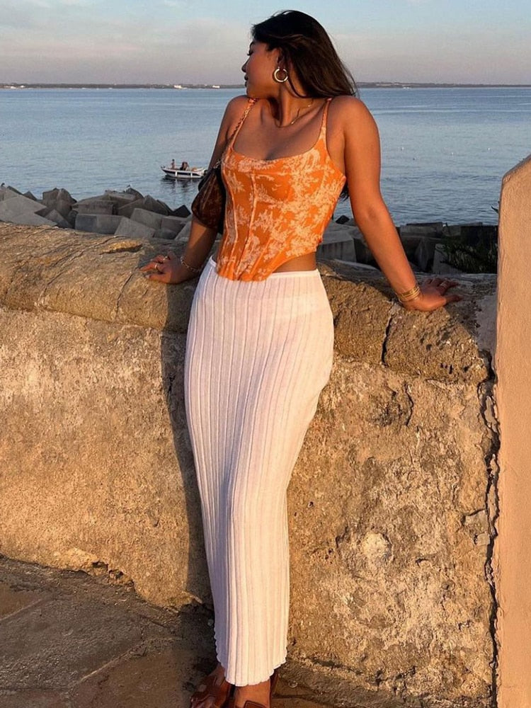 Mojoyce Summer Knit Long Skirt Women Sexy Holiday Party Beach Cove-Up Midi Skirts Dropped Waist See Through Wrap White Maxi Skirt
