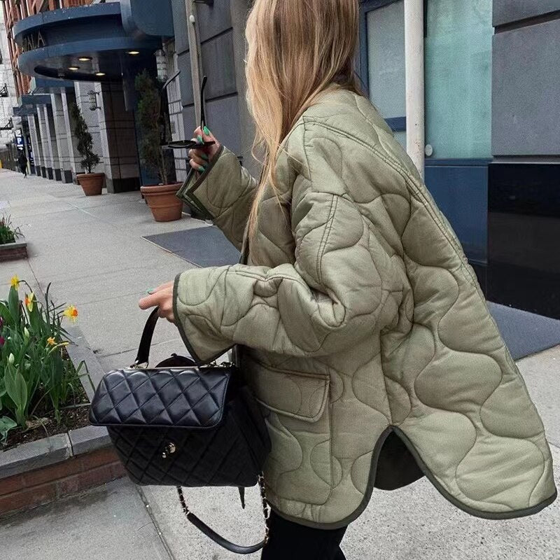 Mojoyce 2023 Women Army Green Winter Quilted Parkas Female Casual Long Sleeve Pocket Single Breasted Curved Hem Jacket Coat