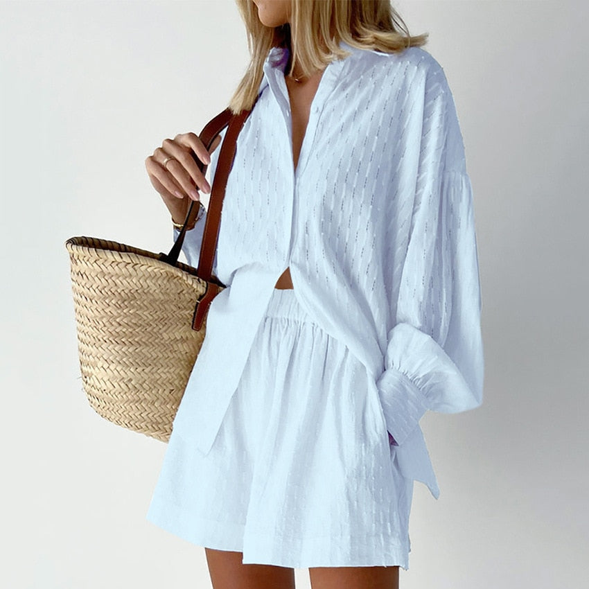 Mojoyce Cotton Women's Summer Suit Oversized Top Shirts And Shorts Two-Piece Sets Outfits White Casual Hollow Out Suit Female