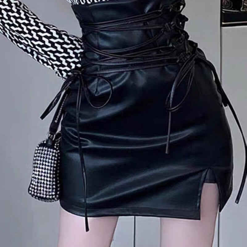 Mojoyce Sexy Leather Skirt Women Bandage Black Goth Mini Skirts Vintage High Street Spring Autumn Woman Hip Hop Streetwear
