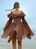 Mojoyce   Retro Chic Brown Corset Pleated Summer Dress Off Shoulder Fashion Ruffles Patchwork Beach Women's Dress Sexy Sundress