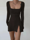 Mojoyce  Elegant Square Neck Ribbed Black Dress Female Knitted Side Split Bodycon Dress Long Sleeve Fashion Mini Dresses Basic