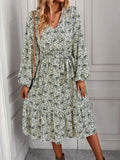 Mojoyce Spring Summer 2023 New Women V Neck Long Sleeve Lace Up Floral Dress For Ladies High Wait Printed A Line Dresses