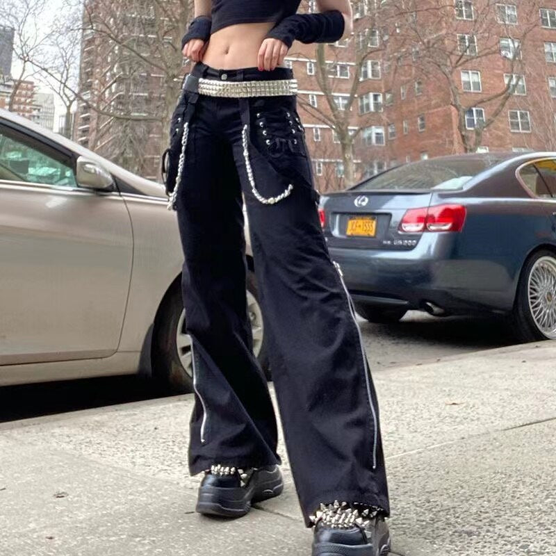 Mojoyce Pockets Straight Pants Y2K Hot Girl Punk Chain Pants Black Baggy Cargo Woman Jeans Gothic Clothes Eyelet Buckle Hippie Trousers