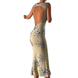 Mojoyce Floral Print Backless Knitted Dress Split Side Party Bodycon Long Dress Robe Vintage Skinny Fashion Streetwear