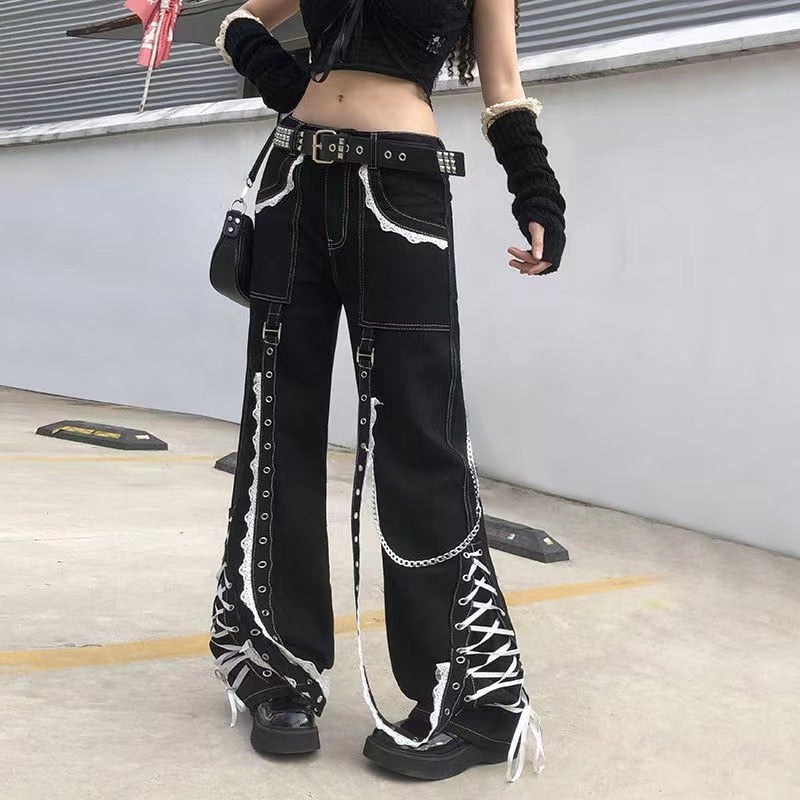 Mojoyce Gothic Clothes Denim Baggy Jean Women Aesthetic Lace Up Patchwork Dark Academia Streetwear Punk Bandage Trousers Straight Pants