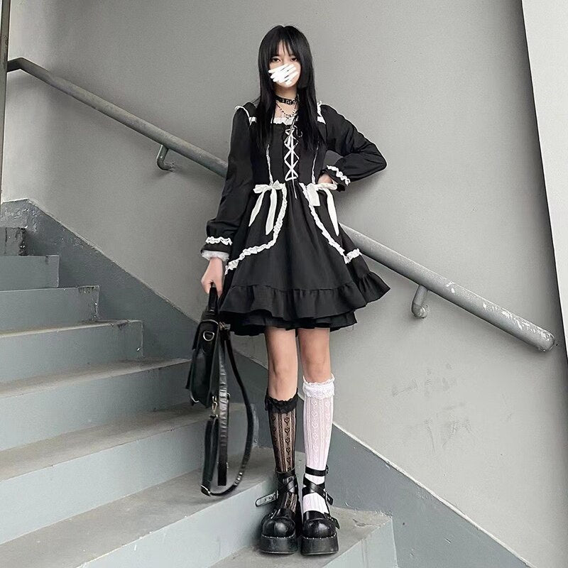Mojoyce Black Kawaii Mini Lolita Dress Woman Gothic Lace Up Emo Long Sleeve Dresses Dark Academia Fairy Grunge Alternative Clothes