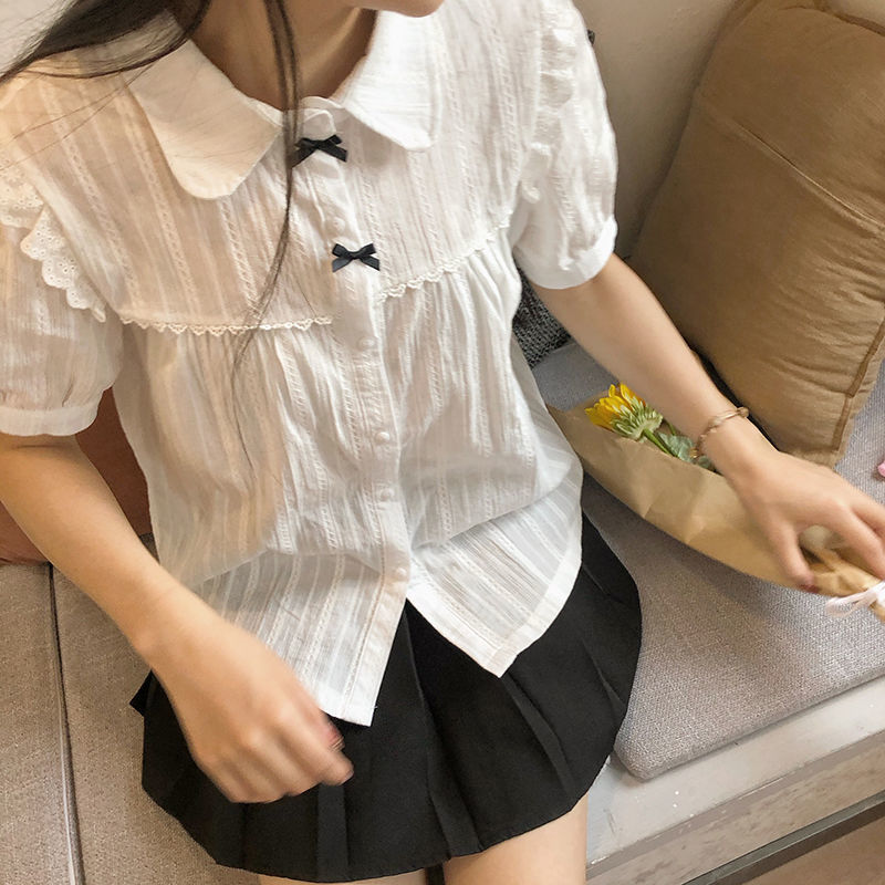 Mojoyce  Deeptown Kawaii White Blouse Women Lolita Lace Vintage Short Sleeve Shirts Female Soft Girl Japanese Sweet Style Cute Tops Mujer